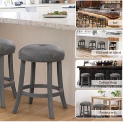 Solid Wood Counter Height Barstools Set of 2, Thick Upholstered Seat - New In Box