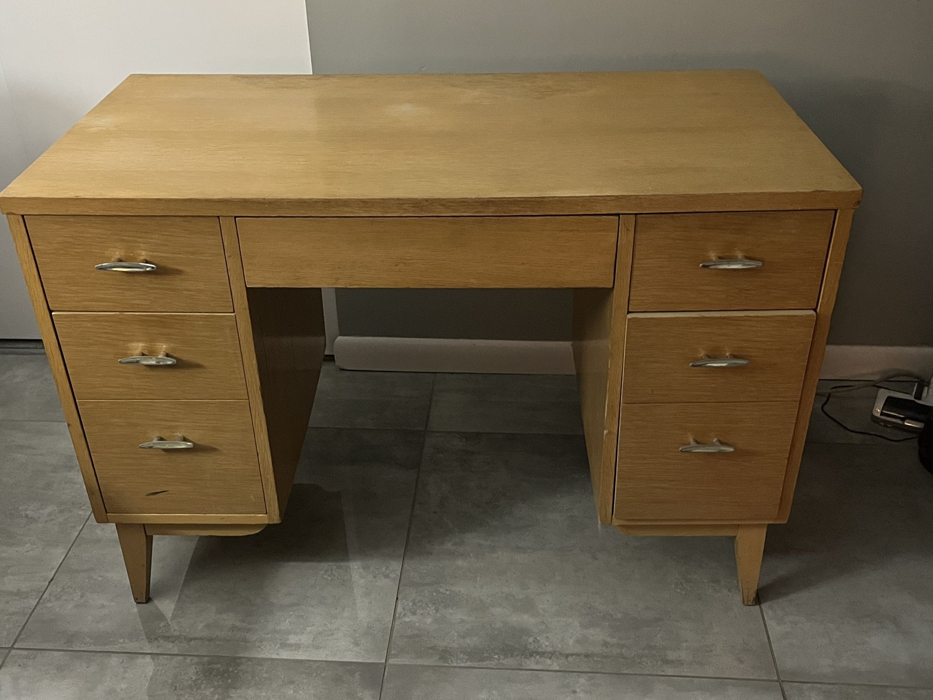 Vintage Wood Desk MCM Blonde Finish Sturdy