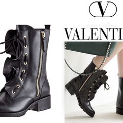 Valentino Black Ruffled Leather LaceUp Biker Combat Boots Gold Hardware US10/I40