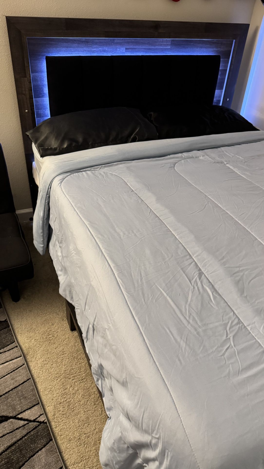 Queen size Bed (LED Headboard, Pillow Top Mattress & Box Spring)