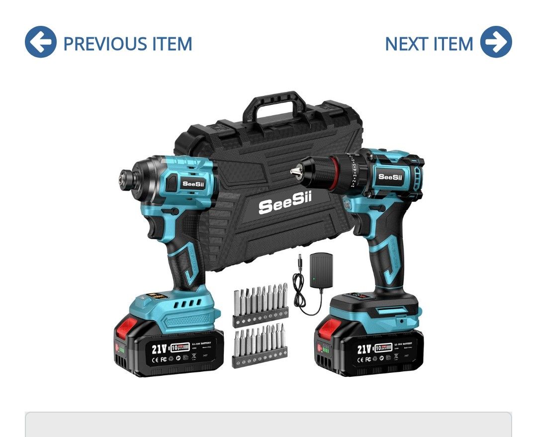 # SJ1677: SEESII 21V Max Cordless Drill and Impact Driver Power Tool Combo Kit Included 38 Drill 14 Impact Driver 2x 4000mAh Battery Fast Charger 20 p