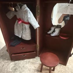 American Girl Queen’s Treasure Wood Wardrobe Vanity Doll Trunk Case Chair Coat