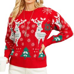 Fashionme Ugly Christmas Sweaters For Women Funny Cute Jumpers Tops Shirts Funny Vintage Winter Chunky Xmas Sweater Soft Holiday Reindeer Christmas Tr
