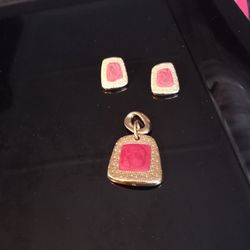 Vintage Weekender Goldtone and Red Enamel Center Pendant and Stud Earrings