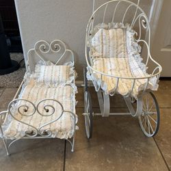Vintage Wrought Iron Doll Bed And Stroller