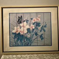 Vintage Framed and Signed Johnny Lung Print-Monarch Butterfly & Flowers, Chinese