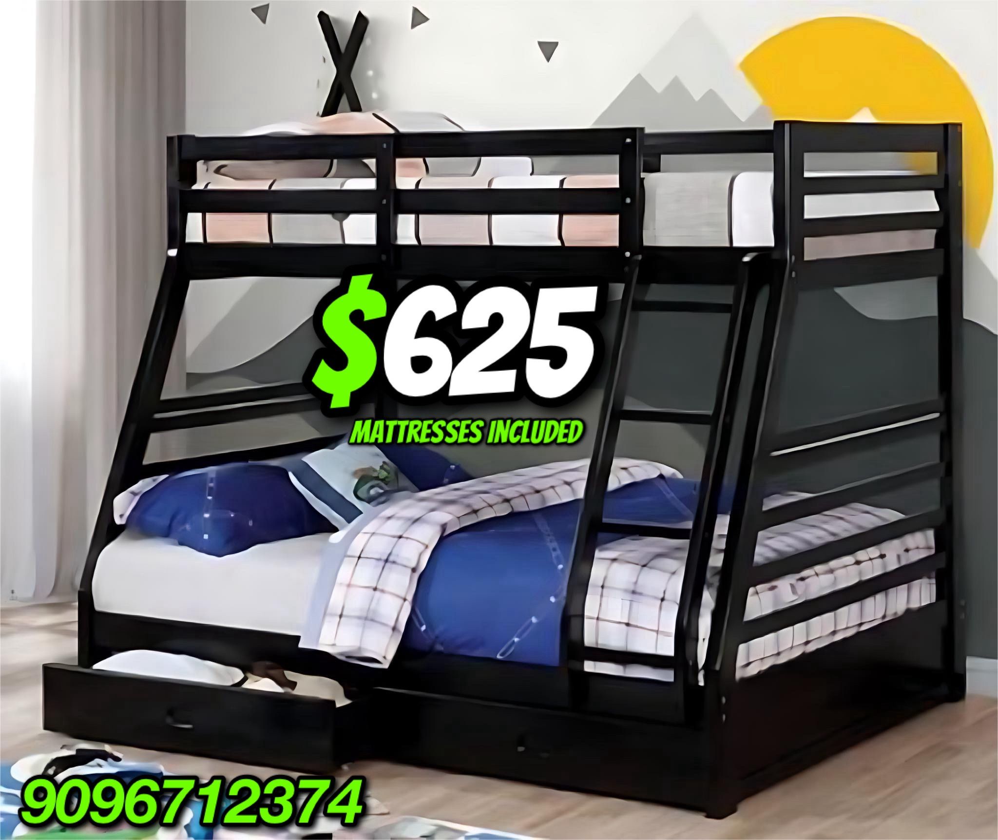 Twin/Full Black Bunk bed w. Drawers & Ortho Mattresses Included 