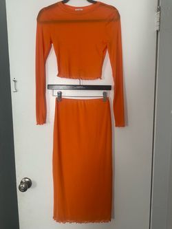 Orange Mesh Two-Piece Crop Top and Midi Skirt Set