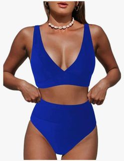 New Women's Blue Bikini Swimsuits V Neck High Waisted 2 Piece Bathing Suits, Medium