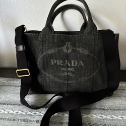 Prada Denim black tote crossbody bag Distressed Style