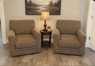 Pair of Tan Upholstered Accent Chairs. Oversized and Very Comfortable!