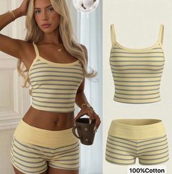Yellow Striped Cotton Crop Top and Shorts Set