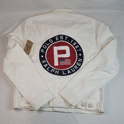 Polo Ralph Lauren Garment Dyed Logo Flag White Denim 1967 P Trucker Jacket Men M