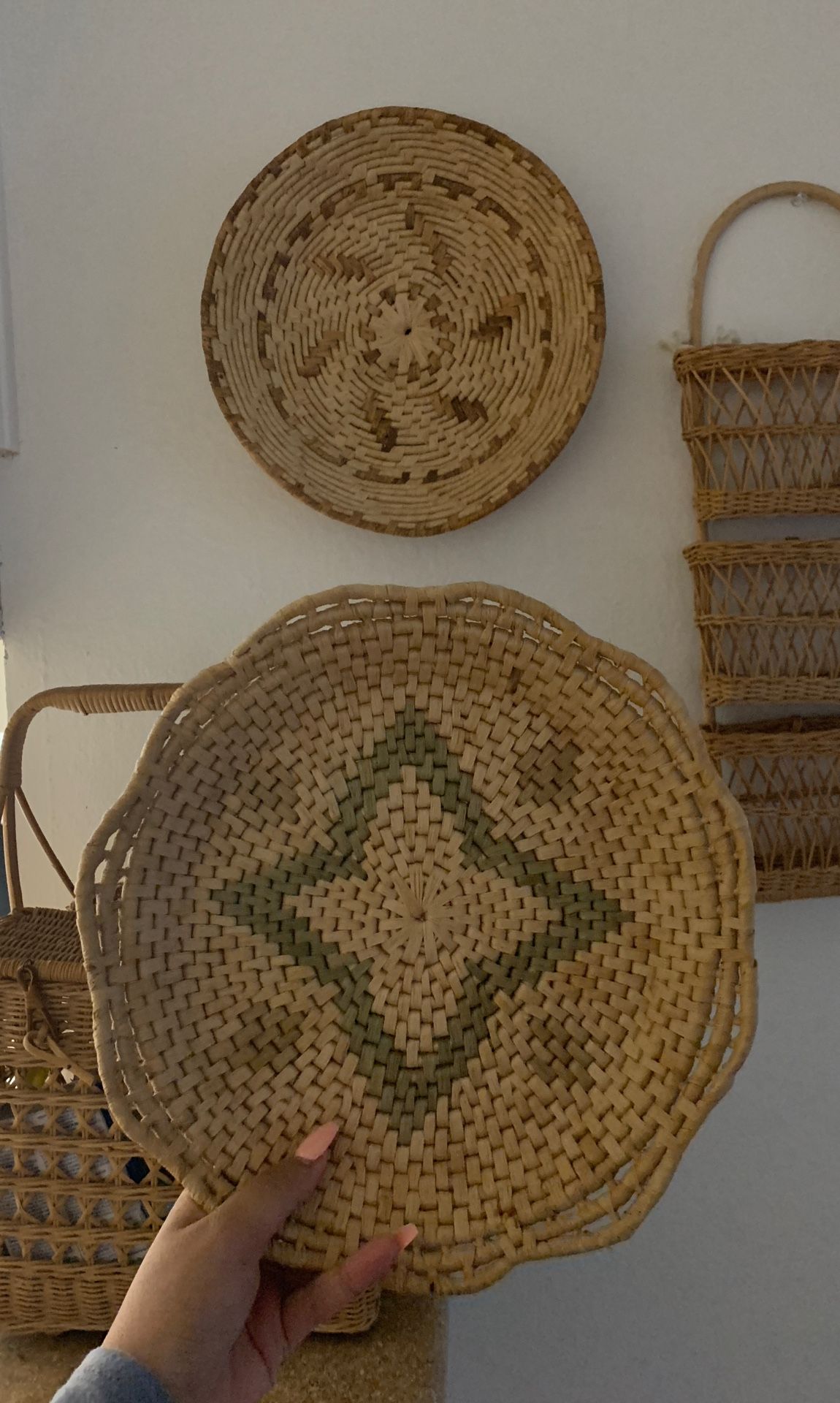 2 round wall basket decor mid century vintage boho home decor wicker