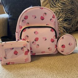 Claire's Faux Leather Strawberry Bright Pink Mini Backpack With Matching Coin Purse & Wallet 
