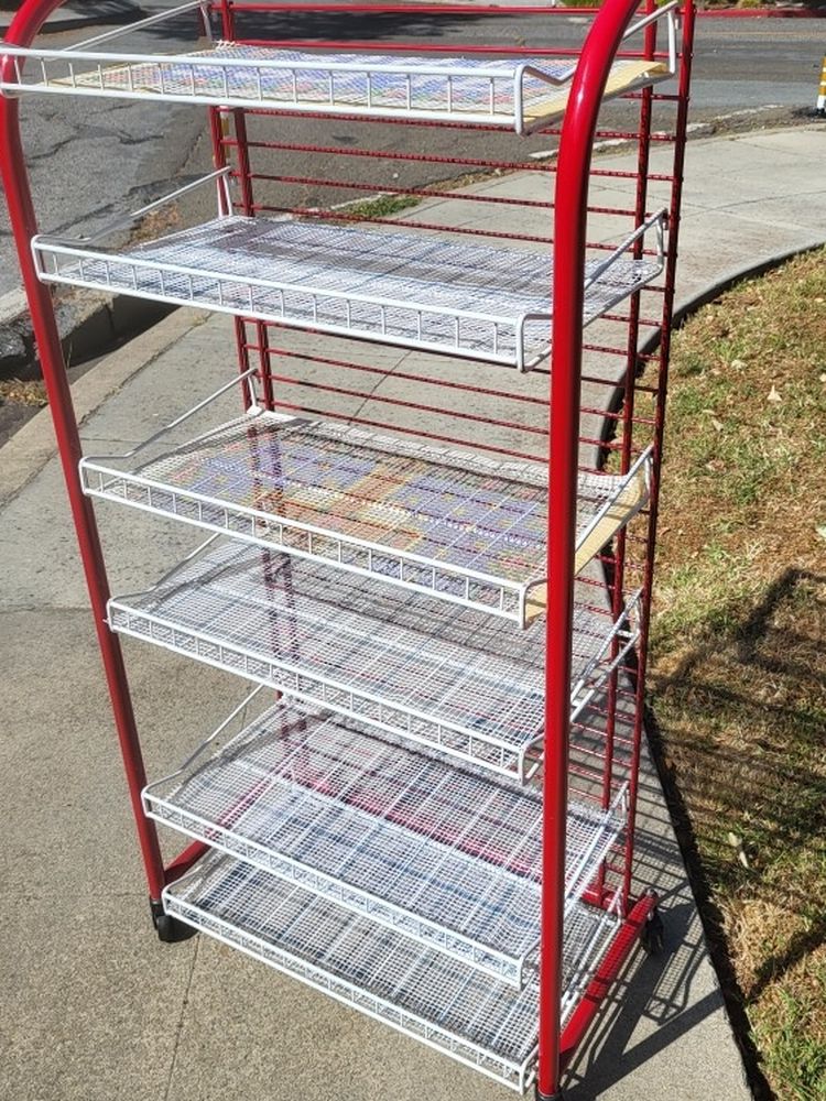 Rolling Wire 6 Shelf Shelves Display Rack Wheels Casters Chrome Storage Adjustable Hanging