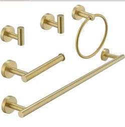 5-Piece Bath Hardware with Towel Bar Towel Hook Toilet Paper Holder and Towel Ring Set in Brushed Gold