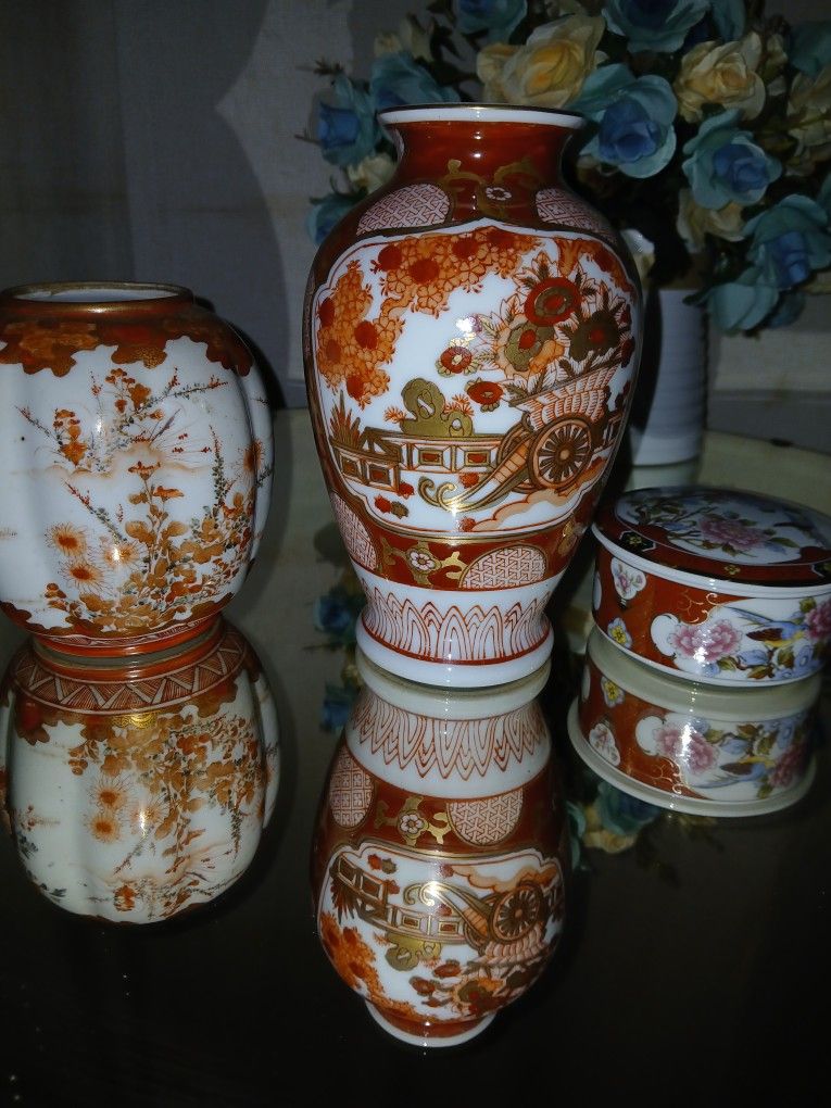 (3) For One Price 1 Vintage Porcelain Vase, 1 Imari ware , 1 Trinket Porcelain Box