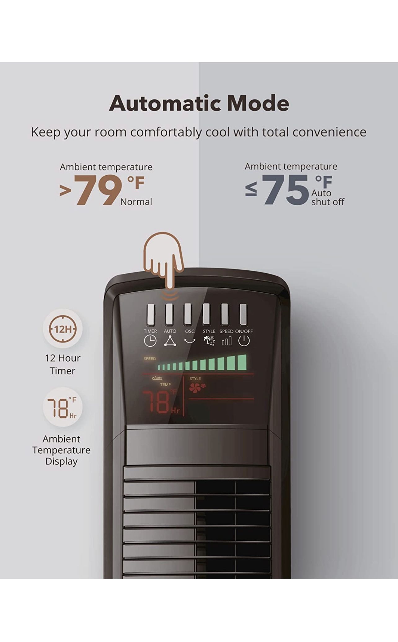 Tower Fan, 34” 65°Oscillating Cooling Fan with 3 Speeds, 3 Modes, Remote Control, LED Display, 12-Hour Timer, Portable St
