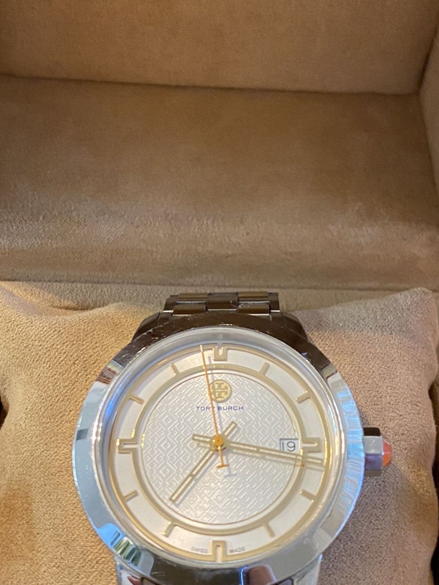 Two Tone Tory Burch Dial Date Quartz Watch TRB 1014