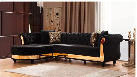 Black Velvet Chesterfield Sectional Sofa Gold Trim New in Box