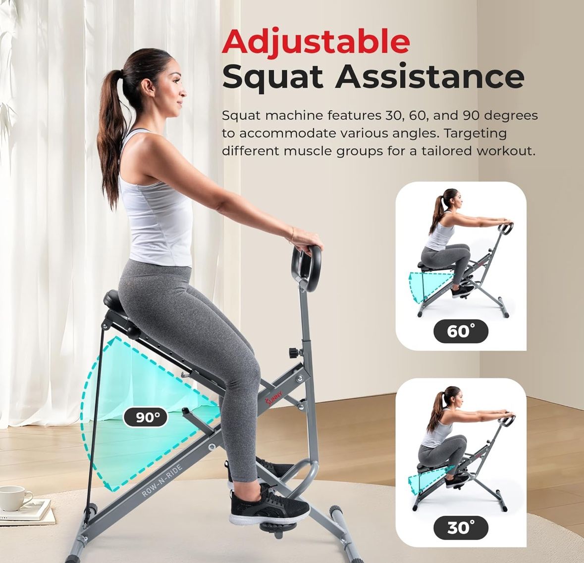 Sunny Health & Fitness Row-N-Ride Squat Assist Trainer, Foldable & Easy Setup Exercise Equipment 