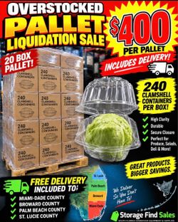 🔥 OVERSTOCK PALLET LIQUIDATION — $400 DELIVERED! 🔥 Brand-new head-lettuce-style clear clamshell containers. 📦 20 boxes per pallet 🥬 240 container