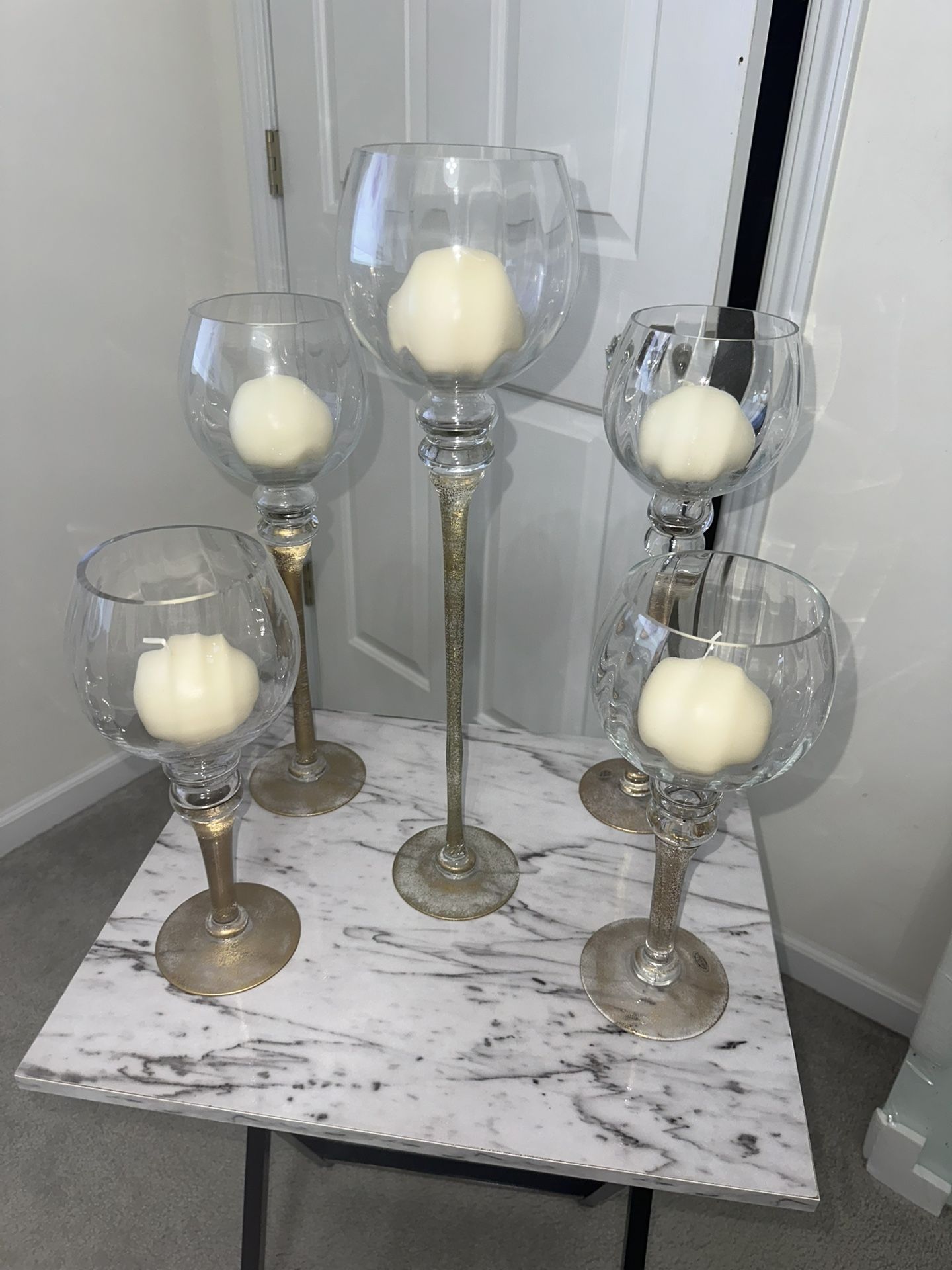 Set of 5 Glass & Gold Candle Holders – Elegant Home Décor