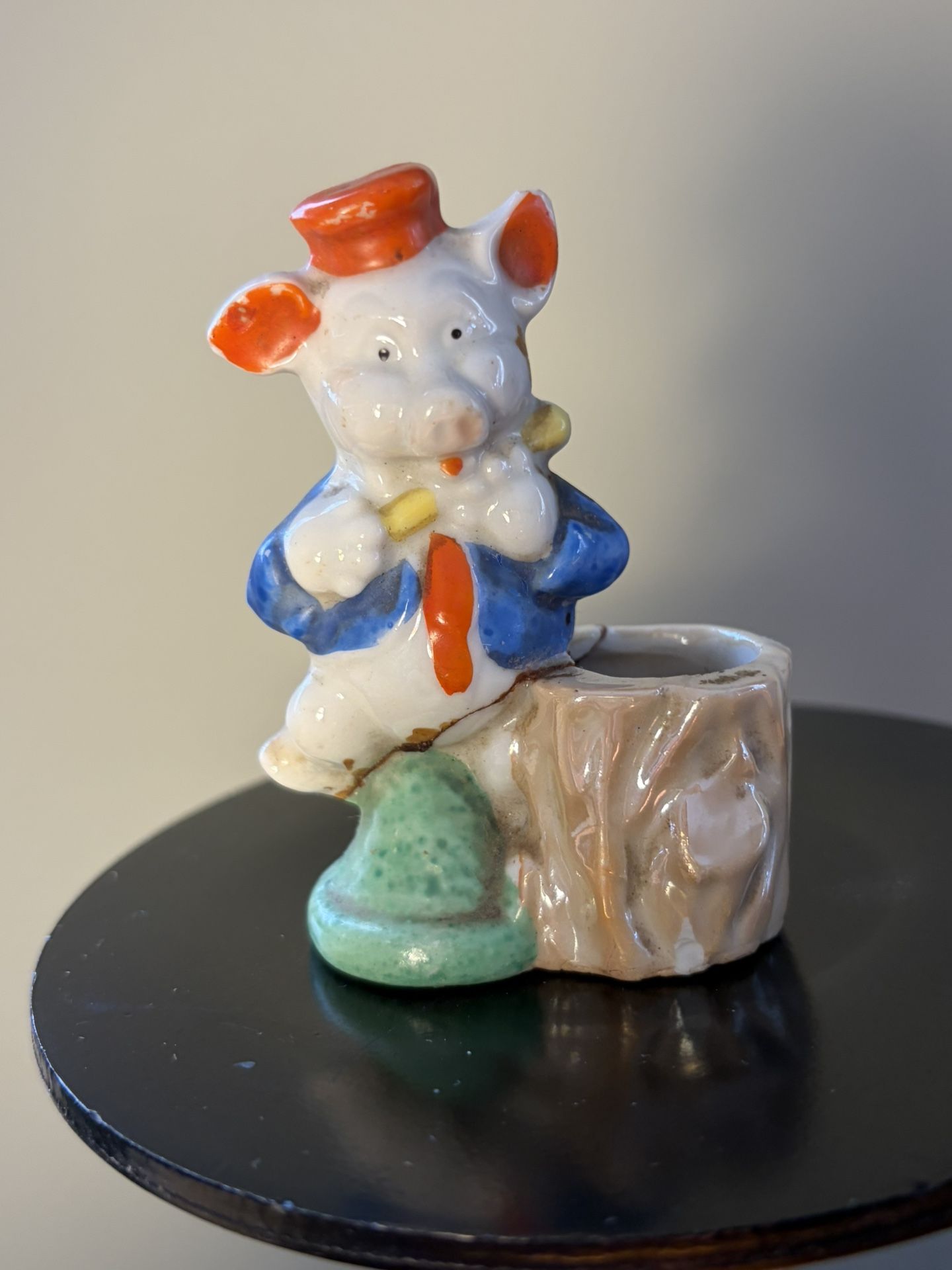 Vtg MIJ Pin Cushion Pig of 3 Little Pigs Lustre Hand Painted Orig Cushion 1950s