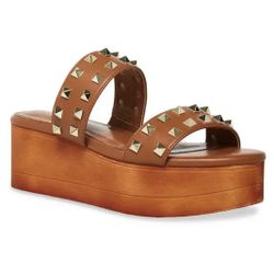 Women's Madden Girl Everett Platform Wedge Sandals Brown Dark Tan Studded heel 5  Add a little edge to your summer looks with these madden girl Everet