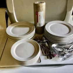 20 Bright White Plates, 30 Pieces Of Flatware And New Woven Table Runner