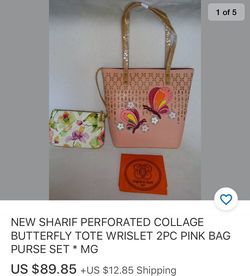 Genuine Leather Manmade - SHARIF BUTTERFLY TOTE HAND MAG + WRISTLET ** Brand New ** PINK