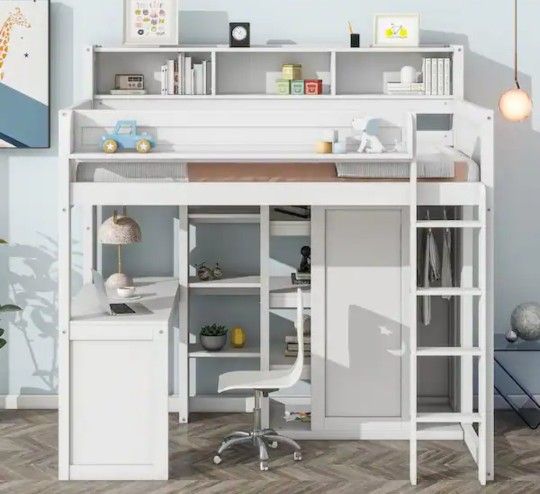 Twin Size White Wooden Loft Bed With Desk And Closet