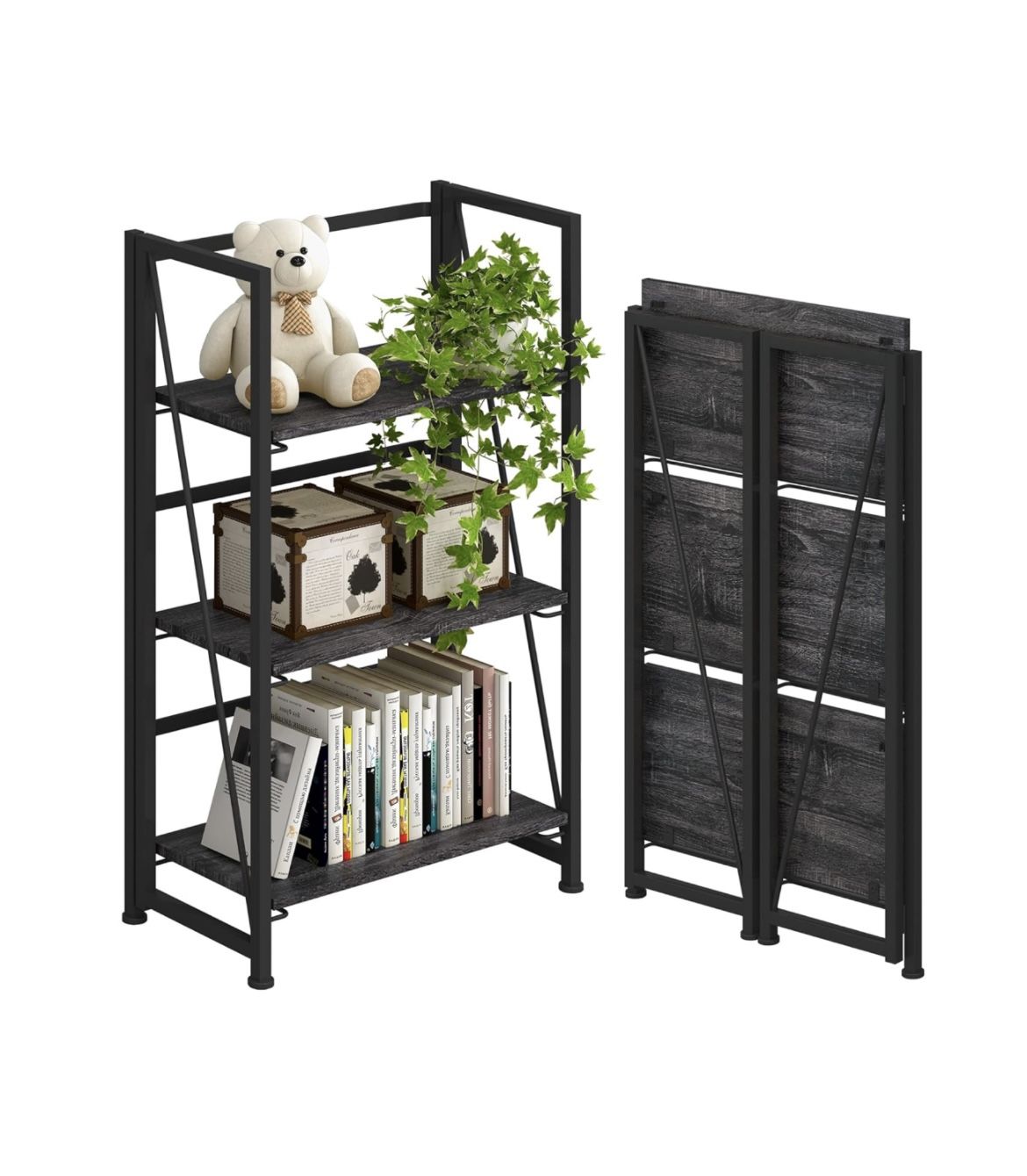 4NM No-Assembly Folding Bookshelf Storage Shelves 3 Tiers Vintage Bookcase Standing Racks Study Organizer Home Office (Gray and🆕👍Reg. Retail $150.00