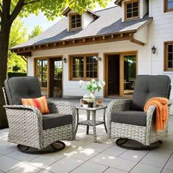 3-Piece Gray Wicker Outdoor Rocking Chairs with Coffee Table and Black Cushions