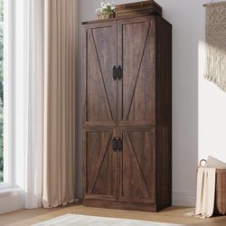 75" Tall Farmhouse 2 Doors Armoire Wardrobe Closet with LED,Freestanding Closet Wardrobe Cabinet for Bedroom with Hanging Rod,Wooden Armoire Storage C