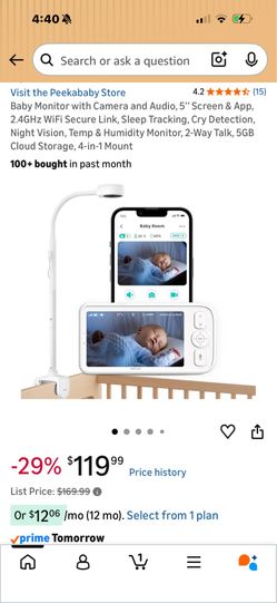 Peekababy Baby Monitor 5" Screen WiFi Night Vision 2-Way Talk Sleep Tracking