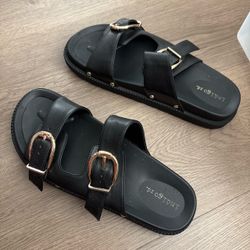 Indigo Rd. Black Slide Sandals with Gold Buckles