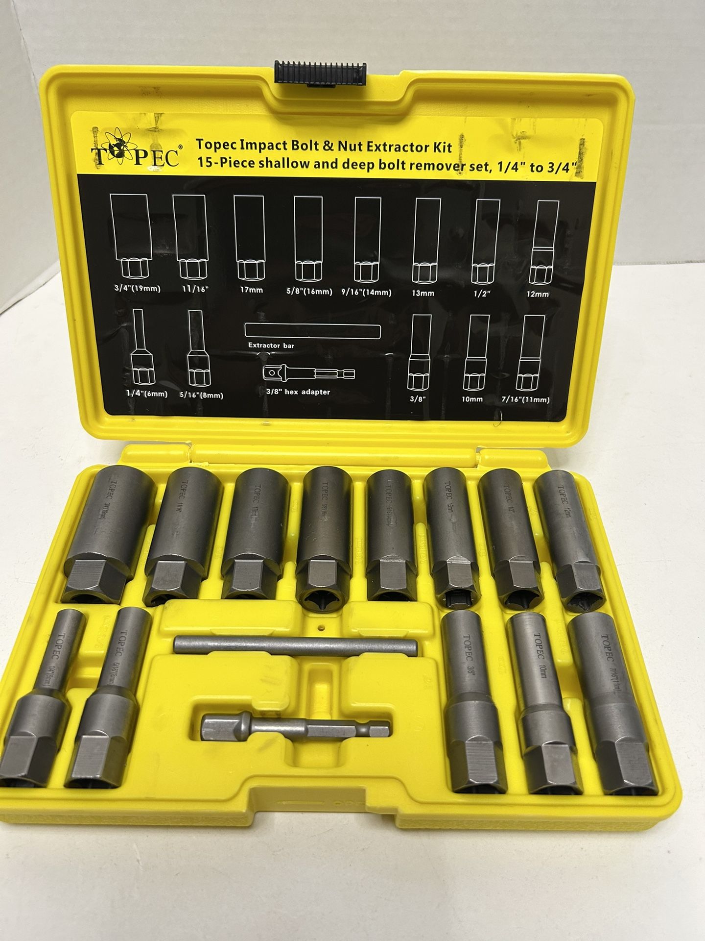 Topec 15PCS Deep Bolt Extractor Kit, 6mm-19mm Nut Extractor Socket Set, 3/8" Drive Rounded Bolt Remover, Spark Plug Extractor Tool for Broken, Strippe