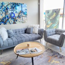 2 PIECE LIVINGROOM SET LIGHT GRAY VELVET SOFA 90x38