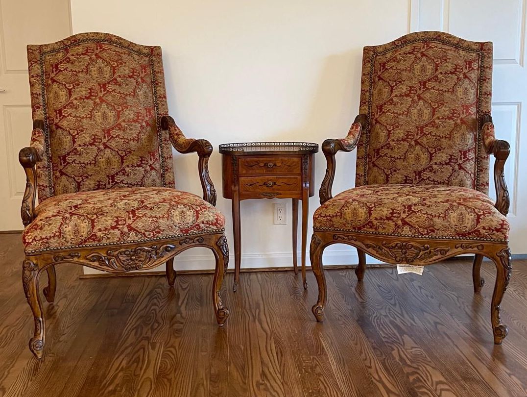Pair Of Vintage Century Furniture French Style Armchairs Wood And Upholstered