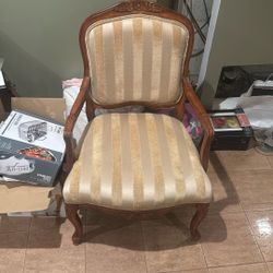 2 Hardwood And Fabric Armchairs and Engraved Wooden Table