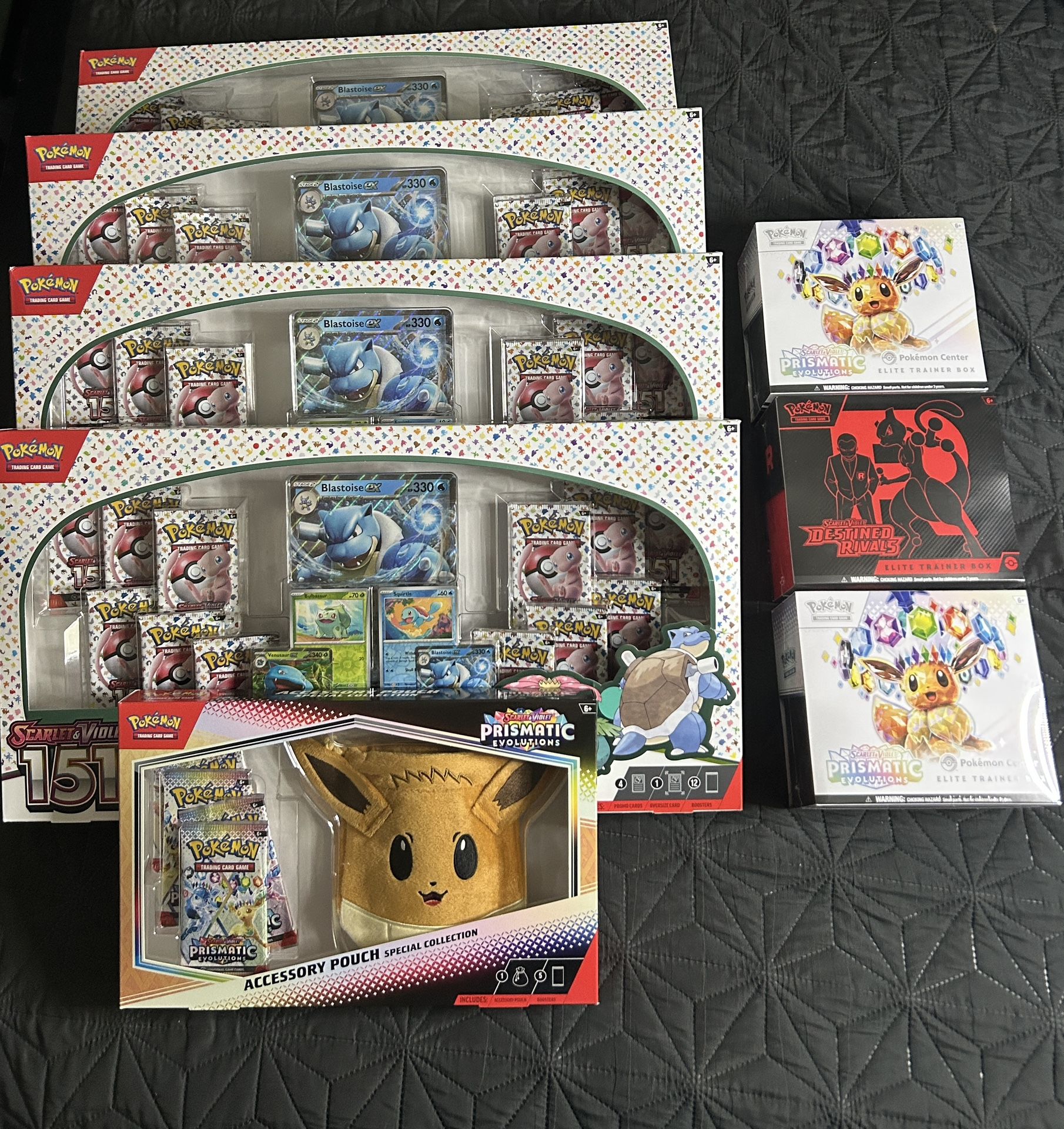 POKEMON TCG BLOOMING WATERS + POKEMON CENTER PRISMATIC ETBs + DESTINED RIVALS ETB + EEVEE POUCH