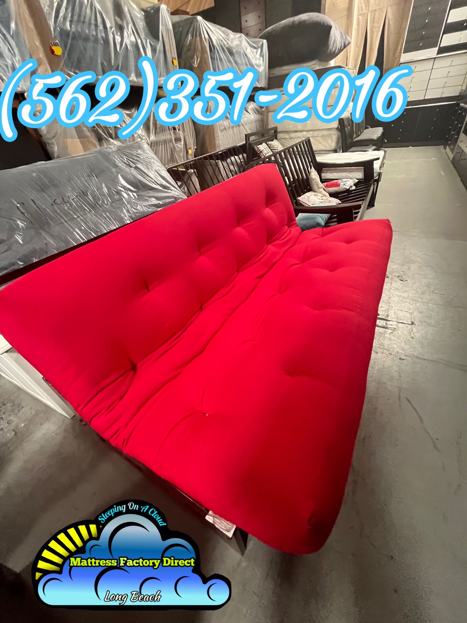 Red Futon Sofa Couch All Wooden With Cushion Included