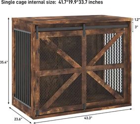 🥨jiteentarou 43" Large Dog Crate Furniture, Farmhouse Dog Kennel Furniture with Sliding Metal Mesh Barn Door, Solid Metal Tube & 2 Lockable Doors, Wo