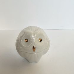 White Ceramic Owl Trinket Box with Gold Accents – Lidded Jar or Candle Holder