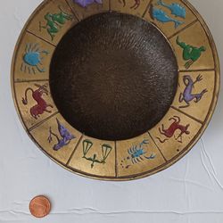 ZODIAC Symbols Retro Bowl Ashtray Card Tip Tray Thick Solid Brass Bronze Ornate. Made in Isreal by Hen Holon. Stamped "4".