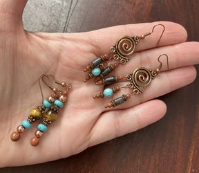 2 Sets Of Earrings Copper, Turquoise, Tiger Eye 
