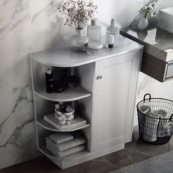 Freestanding Compact Bathroom Storage Cabinet With Arc Edge Design, Brushed Nickel Knobs And Adjustable Shelves