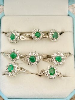 Emerald and Diamond Halo Silver Rings
